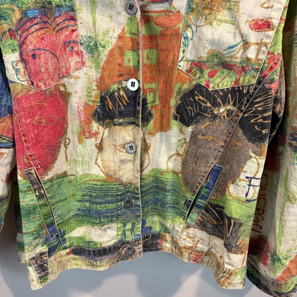 Vtg Chico’s Abstract Art to Wear Faces Graffiti Funky Linen Jacket Size 3/XL - Picture 3 of 11